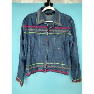 Vintage 90's Womens Embroidered Geometric Denim Jacket Collared M New Direction